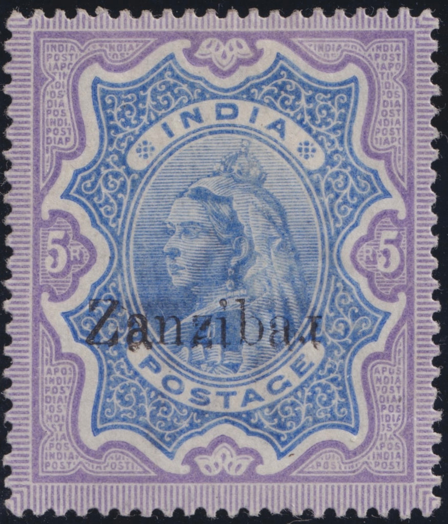 Zanzibar 1895-96 on India 5r ultramarine and violet variety, SG21k