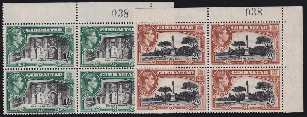 Gibraltar 1938-51 1s black and green, 2s black and brown, SG127a, SG128a