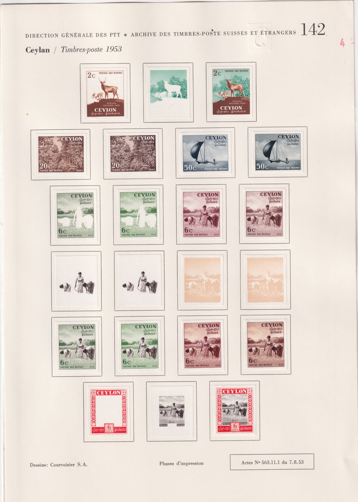 Ceylon 1953-54 Courvoisier colour separation proofs, SG419/30