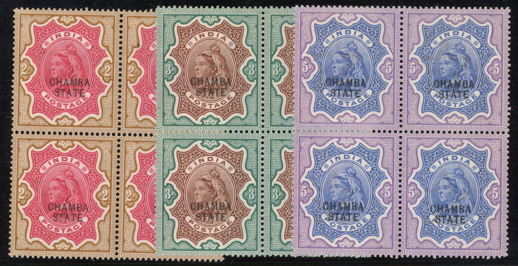 I.C.S. Chamba 1887-95 2r, 3r, 5r in blocks of 4, SG19/21