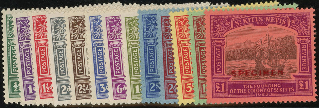 St Kitts-Nevis 1923 Tercentenary set of 13 to £1 black and purple/red Specimens, SG48s/60s