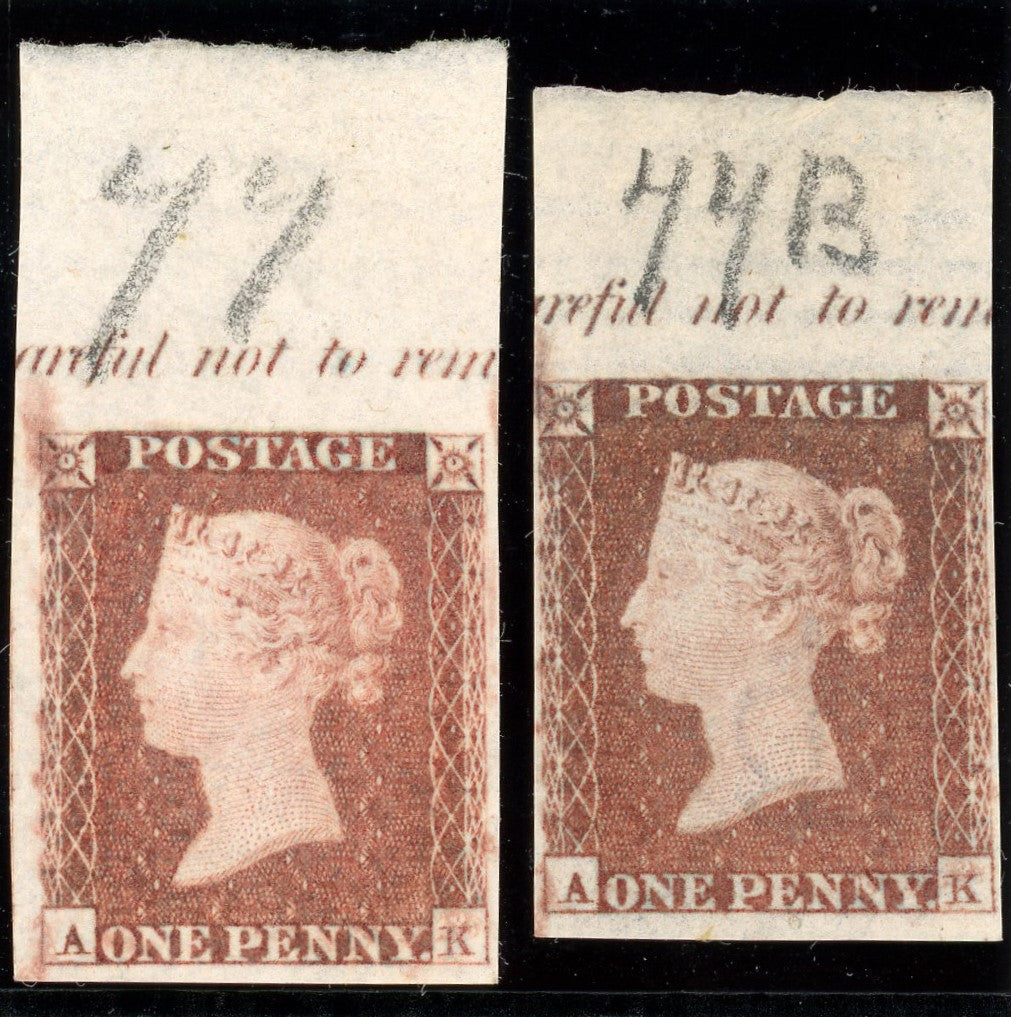 Great Britain 1841 1d red brown Plate 77 & 77b imprimaturs, SG8var