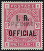 Great Britain 1890 5s rose (I.R. Official) Specimen, SGO9s