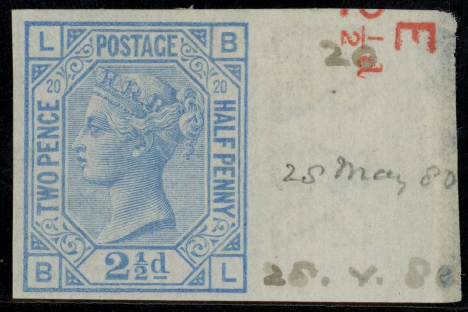 Great Britain 1880 2½d blue Plate 20 imprimatur, SG142VAR