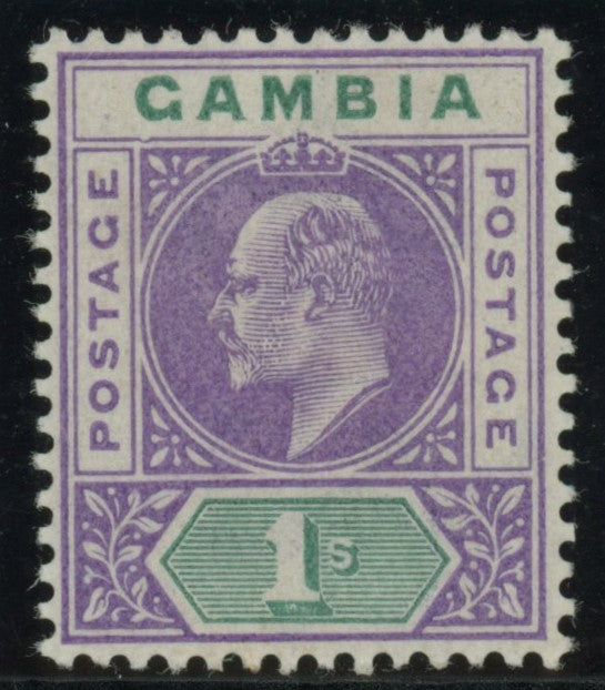 Gambia 1902-05 1s violet and green, watermark CA, variety SG52a