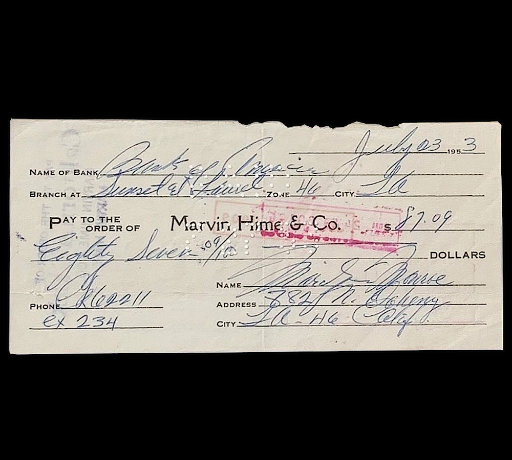 A Marilyn Monroe autographed bank cheque dating from July 1953.