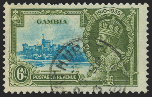 Gambia 1935 Silver Jubilee 6d light blue and olive-green variety, SG145a